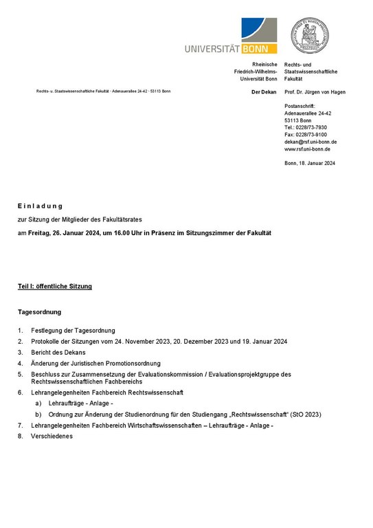 Einladung zur Sitzung des Fakultätsrates am 26. Januar 2024