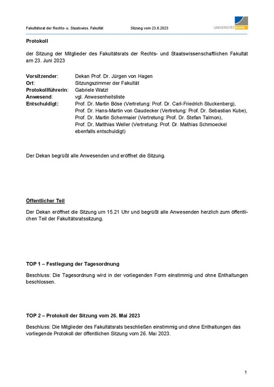 Protokoll der Sitzung des Fakultätsrates vom 23. Juni 2023
