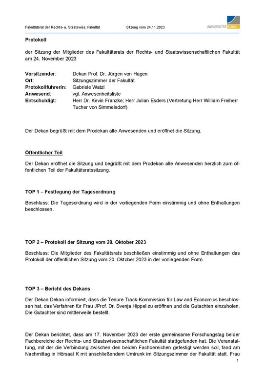 Protokoll der Sitzung des Fakultätsrates vom 24. November 2023