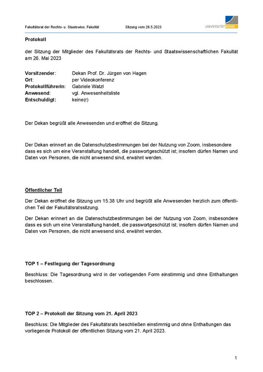 Protokoll der Sitzung des Fakultätsrates vom 26. Mai 2023